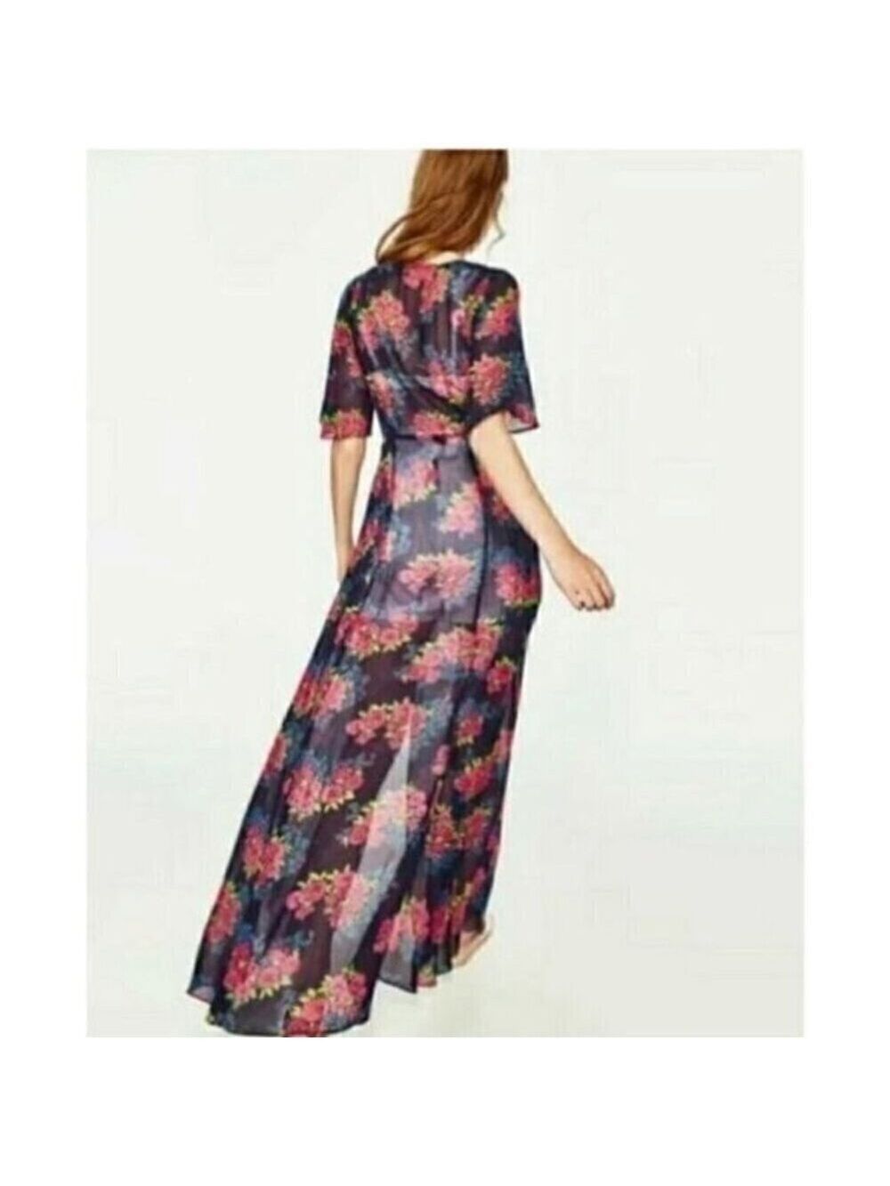 Zara Blue Maxi Wrap Dress Sheer Floral Chiffon V-Neck Short Flutter Sleeve S - Picture 4 of 15